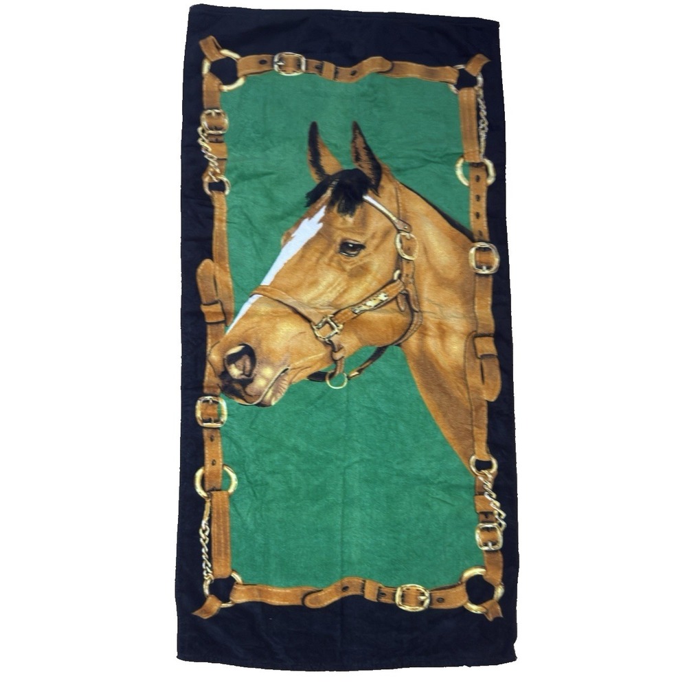 Hilasal Horse Beach Towel Equestrian 100% Cotton Black Green Bridle Preppy